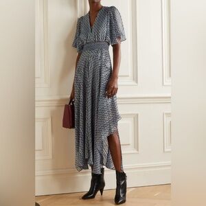 Maje Asymmetrical Striped Dress in Blues and Terracotta. Silver metallic thread.